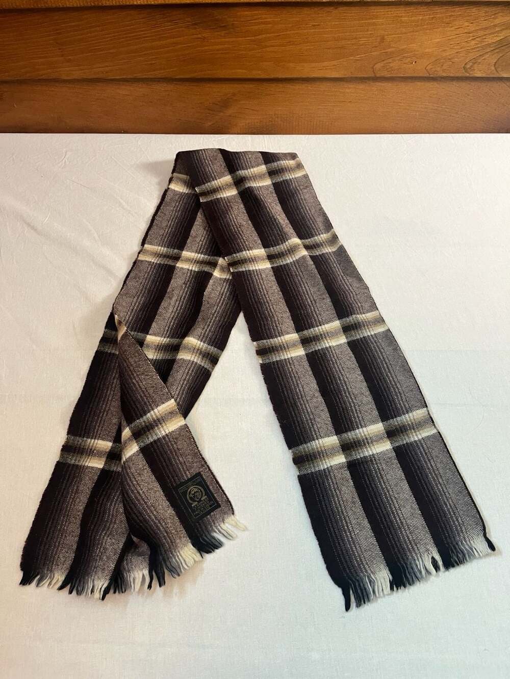 Vintage Wool Plaid Scarf with Cashmere Finished Touch Brown Black Cream
